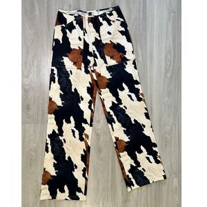 TypaGal Cow Print Wide Leg Pants Womens Size L Beige Black Brown
